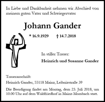 Traueranzeige von Johann Gander von vrm-trauer
