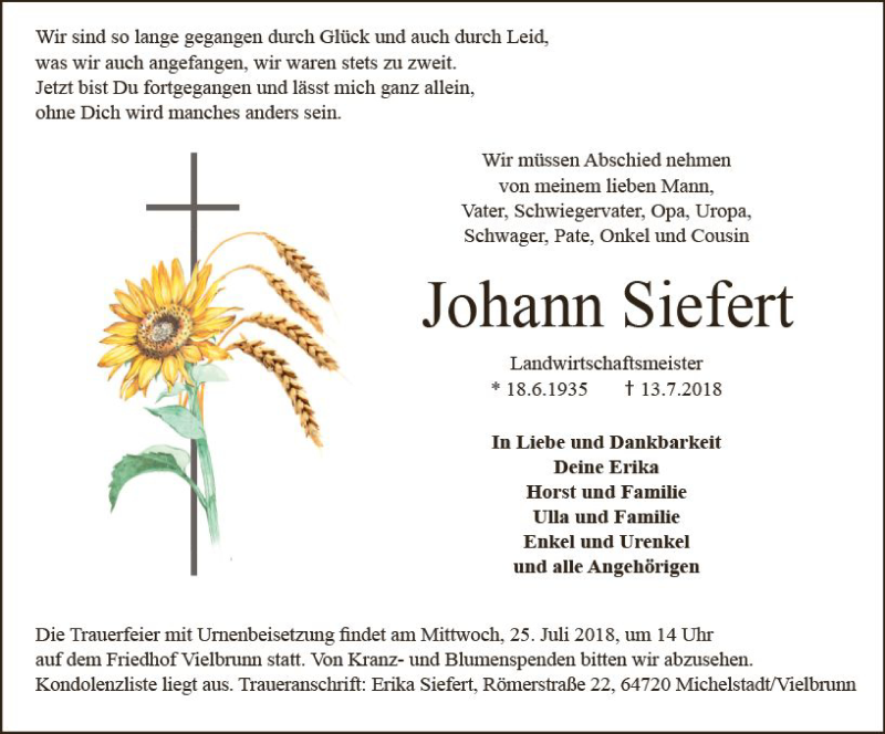  Traueranzeige für Johann Siefert vom 21.07.2018 aus vrm-trauer