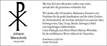 Traueranzeige von Johann Werschnik von vrm-trauer