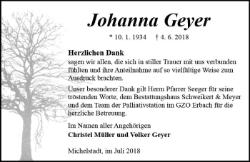 Traueranzeige von Johanna Geyer von vrm-trauer