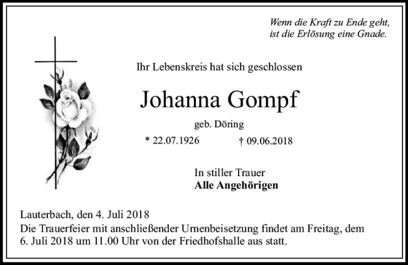  Traueranzeige für Johanna Gompf vom 04.07.2018 aus VRM Trauer