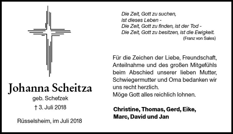  Traueranzeige für Johanna Scheitza vom 21.07.2018 aus vrm-trauer