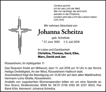 Traueranzeige von Johanna Scheitza von vrm-trauer
