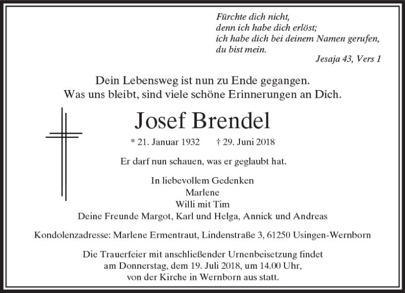  Traueranzeige für Josef Brendel vom 14.07.2018 aus  Usinger Anzeiger