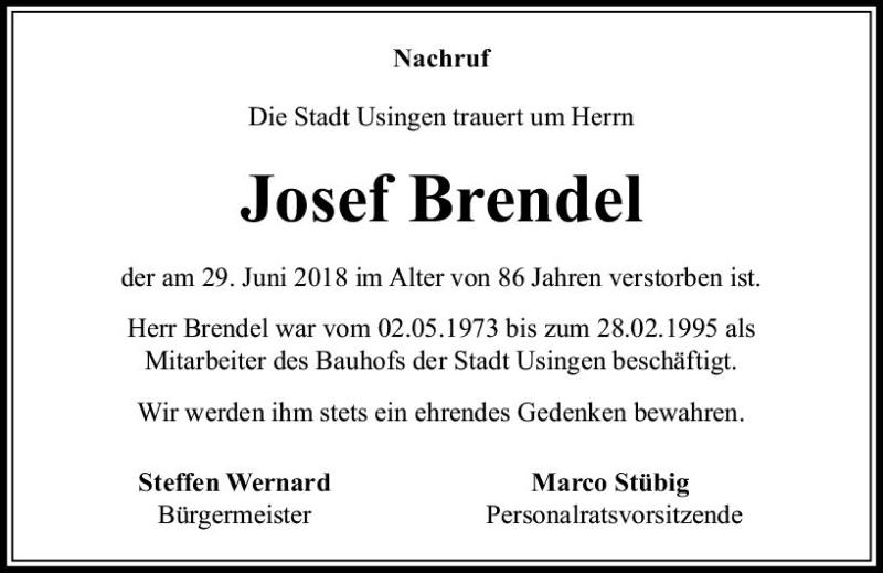  Traueranzeige für Josef Brendel vom 14.07.2018 aus  Usinger Anzeiger