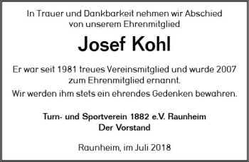 Traueranzeige von Josef Kohl von vrm-trauer