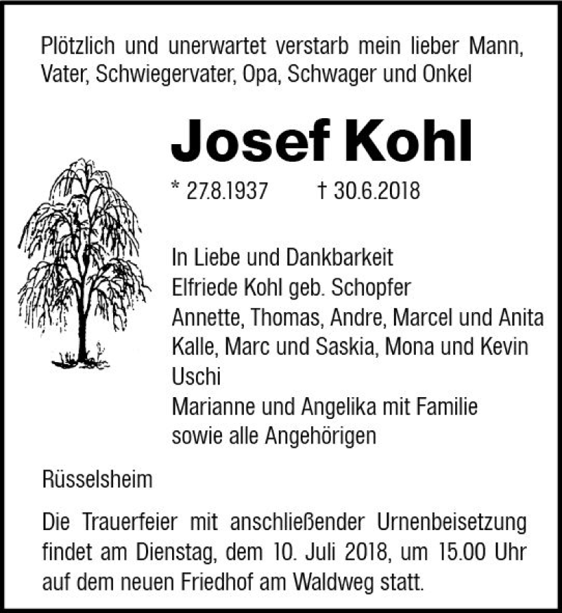  Traueranzeige für Josef Kohl vom 07.07.2018 aus vrm-trauer
