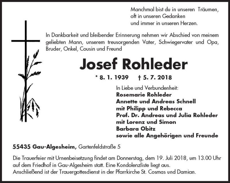  Traueranzeige für Josef Rohleder vom 14.07.2018 aus vrm-trauer