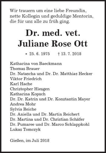 Traueranzeige von Juliane Rose Ott von  Gießener Anzeiger