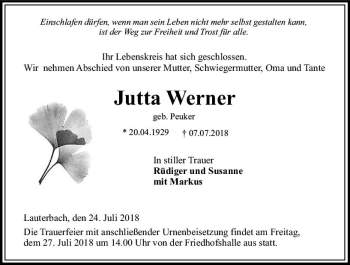 Traueranzeige von Jutta Werner von VRM Trauer