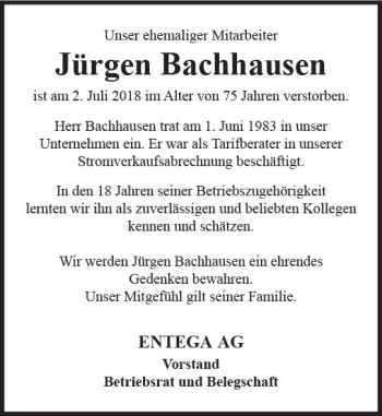 Traueranzeige von Jürgen Bachhausen von vrm-trauer