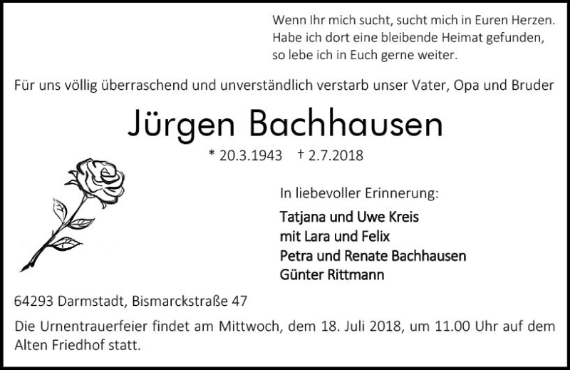 Traueranzeige für Jürgen Bachhausen vom 14.07.2018 aus vrm-trauer