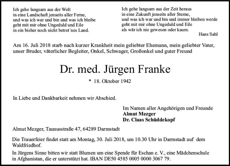  Traueranzeige für Jürgen Franke vom 21.07.2018 aus vrm-trauer