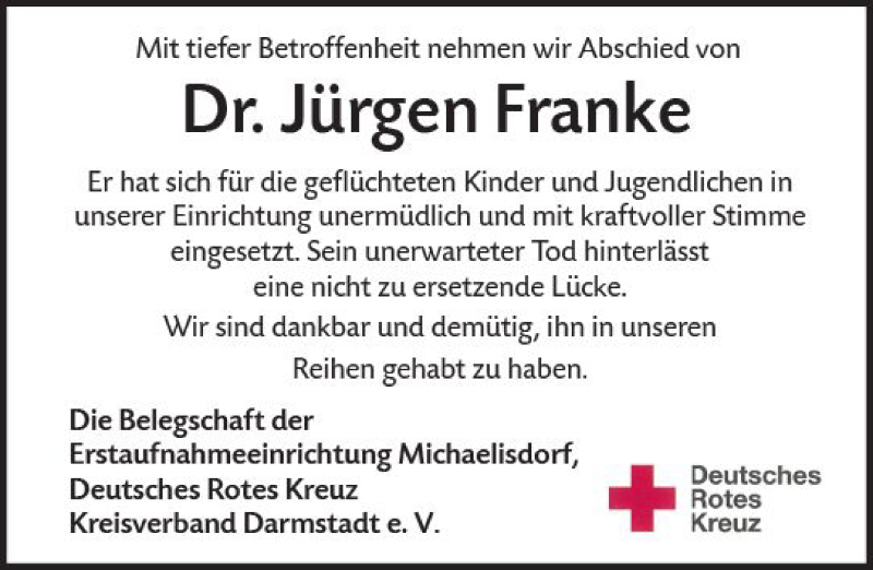  Traueranzeige für Jürgen Franke vom 28.07.2018 aus vrm-trauer