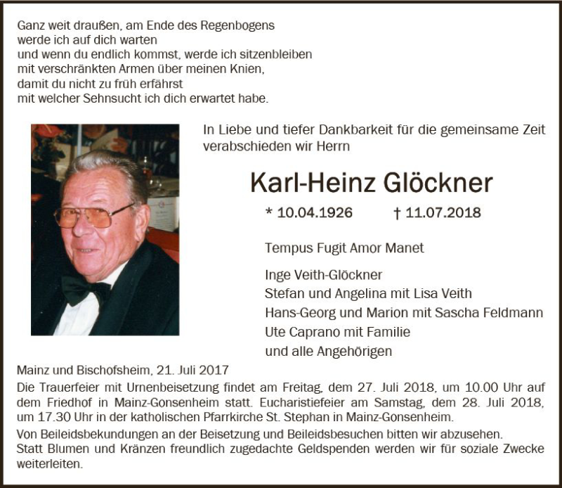  Traueranzeige für Karl-Heinz Glöckner vom 21.07.2018 aus vrm-trauer