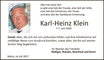 Traueranzeige von Karl-Heinz Klein von vrm-trauer