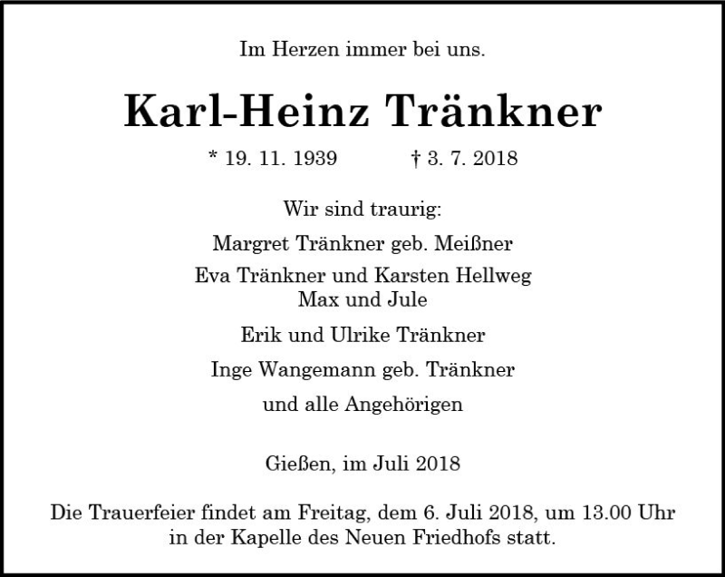  Traueranzeige für Karl-Heinz Tränkner vom 05.07.2018 aus  Gießener Anzeiger