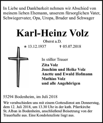Traueranzeige von Karl-Heinz Volz von vrm-trauer
