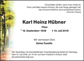 Traueranzeige von Karl Heinz Hübner von vrm-trauer