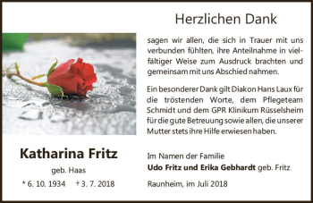 Traueranzeige von Katharina Fritz von vrm-trauer