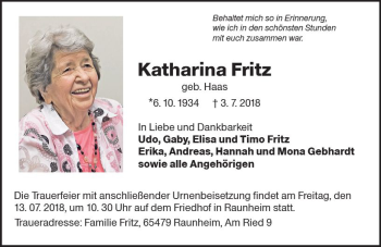 Traueranzeige von Katharina Fritz von vrm-trauer