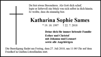 Traueranzeige von Katharina Sophie Sames von  Gießener Anzeiger