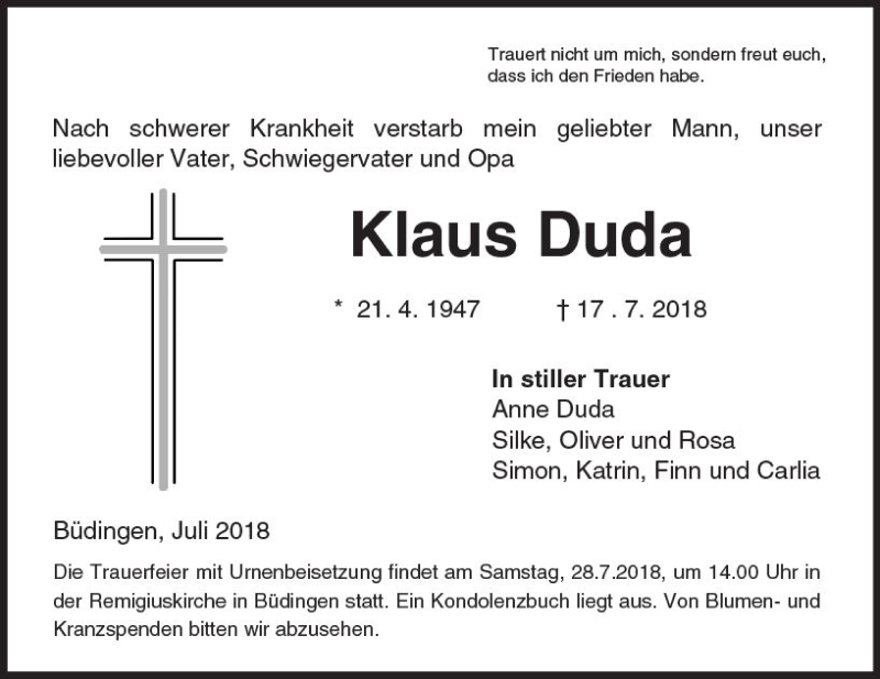  Traueranzeige für Klaus Duda vom 21.07.2018 aus  Kreisanzeiger