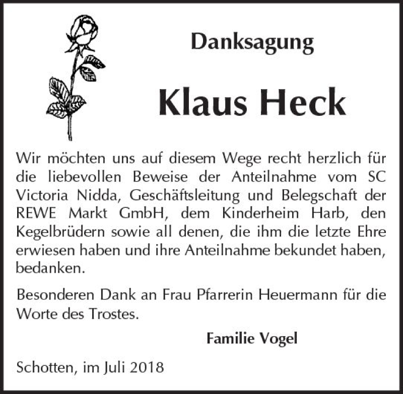  Traueranzeige für Klaus Heck vom 14.07.2018 aus  Kreisanzeiger