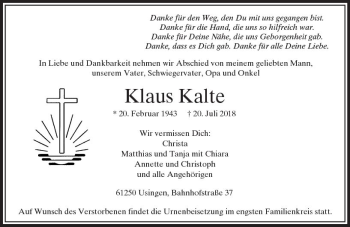 Traueranzeige von Klaus Kalte von  Usinger Anzeiger