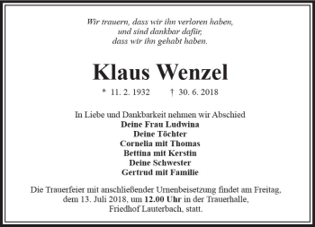 Traueranzeige von Klaus Wenzel von VRM Trauer