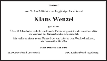Traueranzeige von Klaus Wenzel von VRM Trauer