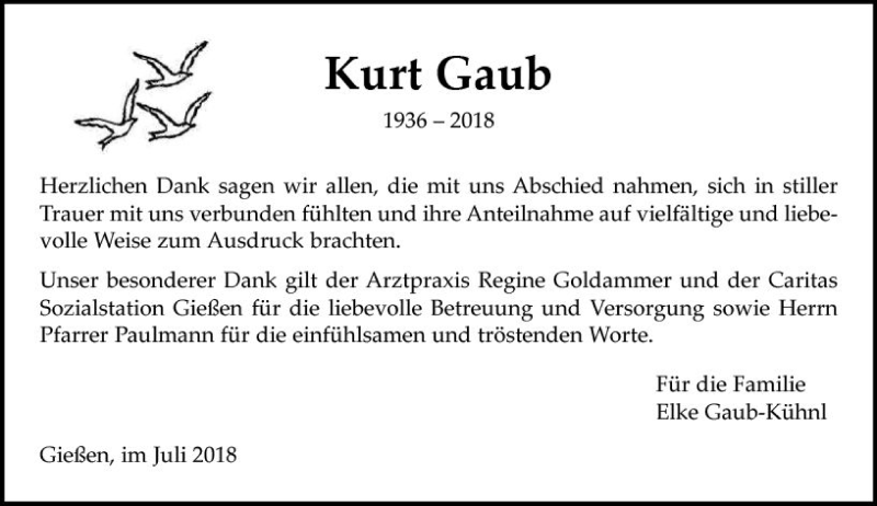  Traueranzeige für Kurt Gaub vom 21.07.2018 aus  Gießener Anzeiger