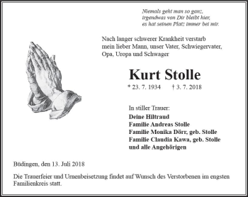 Traueranzeige von Kurt Stolle von  Kreisanzeiger