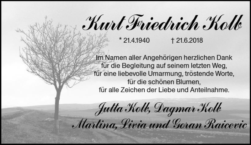  Traueranzeige für Kurt Friedrich Kolb vom 20.07.2018 aus vrm-trauer