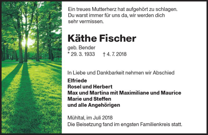  Traueranzeige für Käthe Fischer vom 14.07.2018 aus vrm-trauer