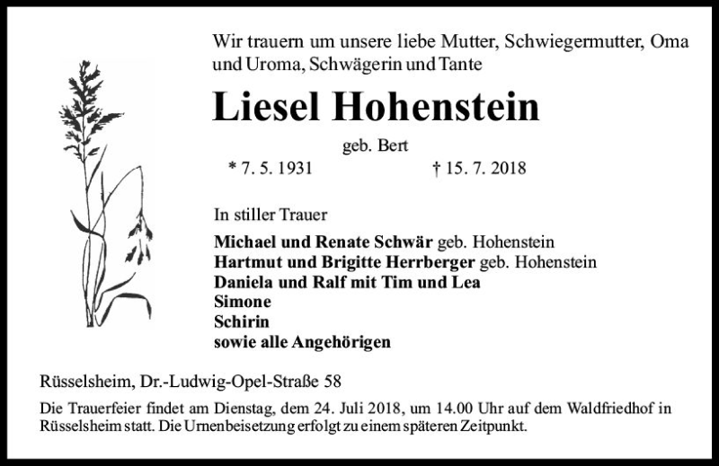  Traueranzeige für Liesel Hohenstein vom 18.07.2018 aus vrm-trauer