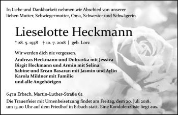 Traueranzeige von Lieselotte Heckmann von vrm-trauer