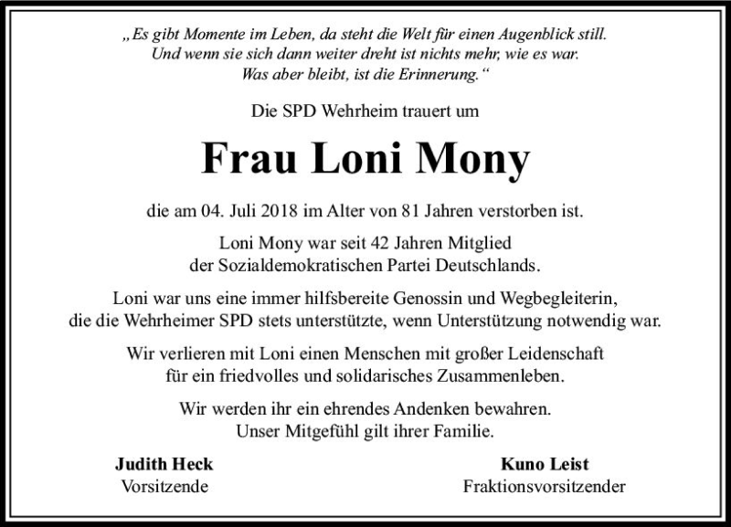  Traueranzeige für Loni Mony vom 21.07.2018 aus  Usinger Anzeiger
