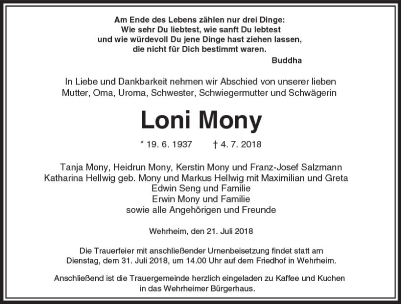  Traueranzeige für Loni Mony vom 21.07.2018 aus  Usinger Anzeiger