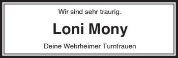 Traueranzeige von Loni Mony von  Usinger Anzeiger