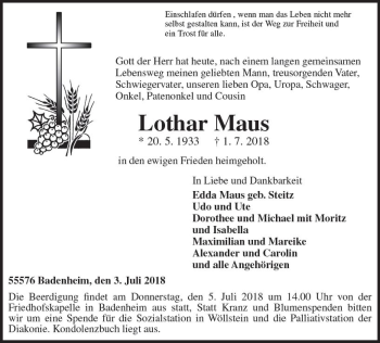 Traueranzeige von Lothar Maus von Trauerportal Rhein Main Presse