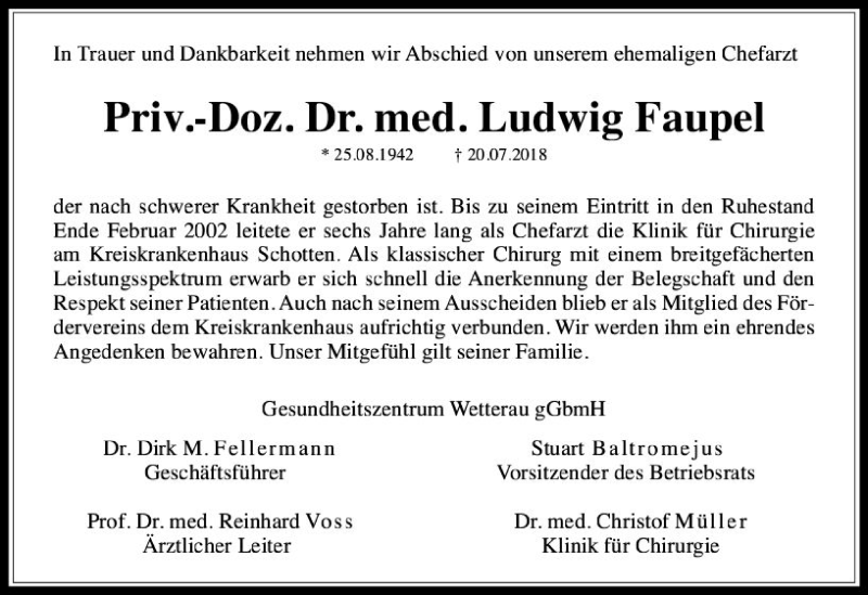  Traueranzeige für Ludwig Faupel vom 28.07.2018 aus  Kreisanzeiger