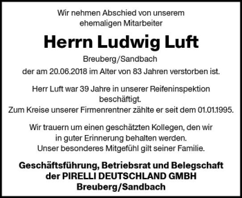 Traueranzeige von Ludwig Luft von vrm-trauer
