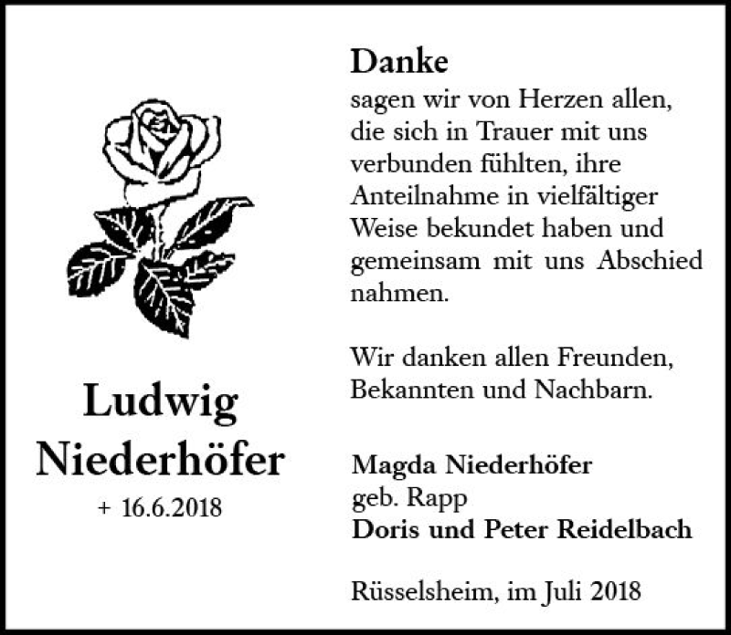  Traueranzeige für Ludwig Niederhöfer vom 04.07.2018 aus Trauerportal Rhein Main Presse