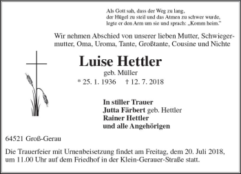 Traueranzeige von Luise Hettler von vrm-trauer