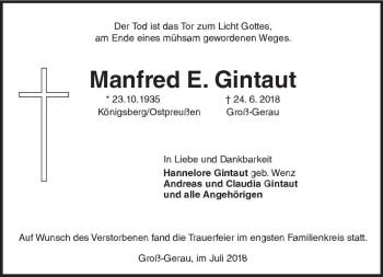 Traueranzeige von Manfred  Gintaut von vrm-trauer