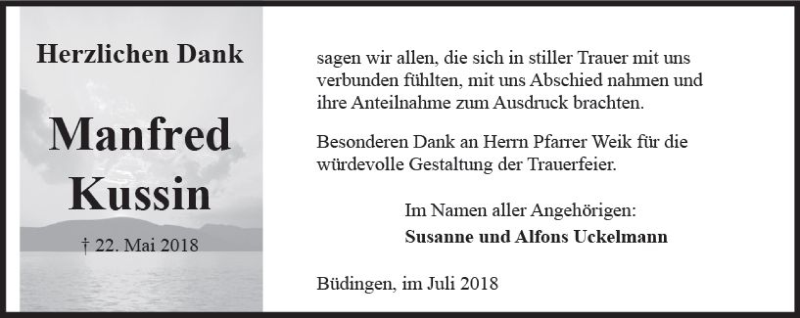  Traueranzeige für Manfred Kussin vom 07.07.2018 aus  Kreisanzeiger