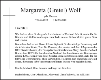 Traueranzeige von Margareta Wolf von vrm-trauer