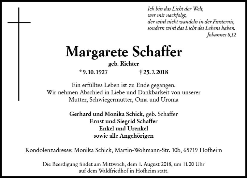  Traueranzeige für Margarete Schaffer vom 27.07.2018 aus vrm-trauer