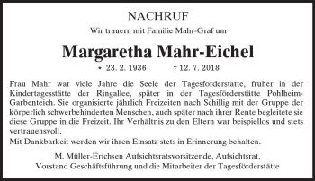 Traueranzeige von Margaretha Mahr-Eichel von  Gießener Anzeiger